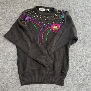 JJ Fargo Sweater Womens Size S Black Ramie Cotton Sequin Floral Vintage Knit